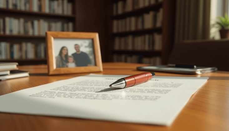 Dokument mit rotem Kugelschreiber auf Schreibtisch, Bücherregal im Hintergrund und eingerahmtes Foto.