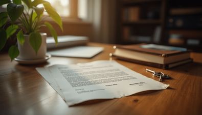 Dokument eines Testaments auf einem Holztisch mit Schlüssel, Pflanze und Büchern im Hintergrund.