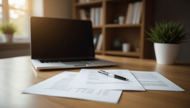 Schreibtisch mit Laptop, Dokumenten und Stift, im Hintergrund ein Bücherregal und eine Zimmerpflanze.