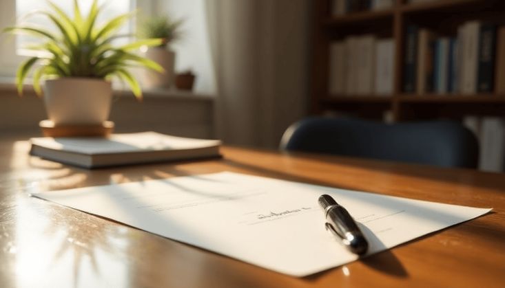 Schreibtisch mit Dokument, Stift, Topfpflanze und Büchern im Hintergrund, beleuchtet von natürlichem Licht.