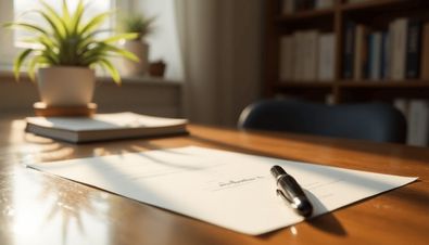 Schreibtisch mit Dokument, Stift, Topfpflanze und Büchern im Hintergrund, beleuchtet von natürlichem Licht.