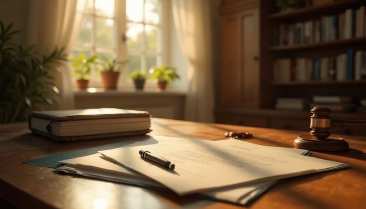 Holztisch mit Dokumenten, Stift, Buch und Richterhammer, im Hintergrund Fenster und Bücherregal mit Pflanzen.
