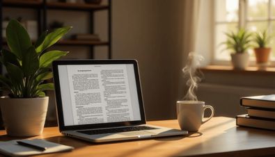 Gemütlicher Arbeitsplatz mit Laptop, Kaffeetasse, Notizblock und Pflanze, beleuchtet durch warmes Tageslicht.