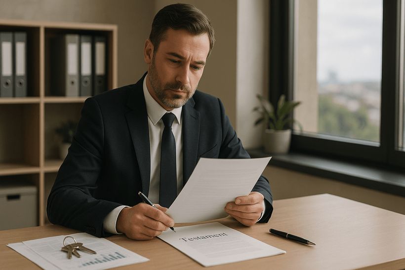 Professioneller Testamentsvollstrecker prüft Dokument am Schreibtisch mit Schlüsseln, Papieren und natürlichem Licht.