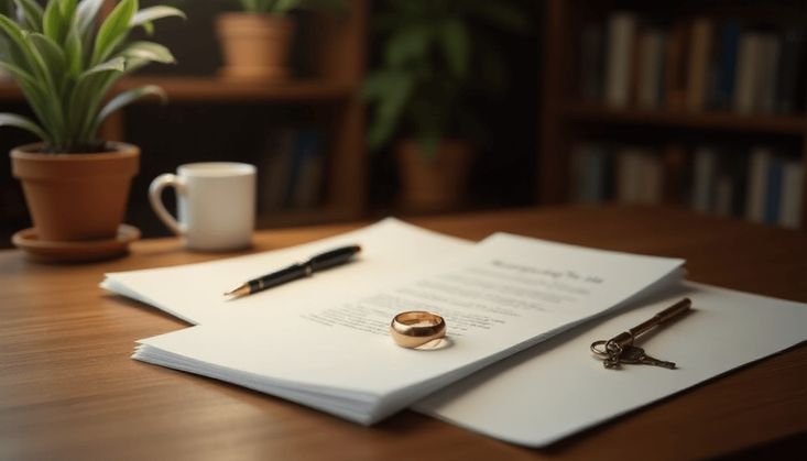 Dokumente, ein goldener Ring, Schlüssel und ein Füller auf einem Holztisch, umgeben von Pflanzen und Büchern.