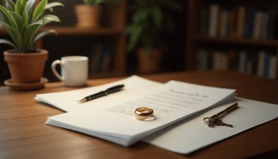 Dokumente, ein goldener Ring, Schlüssel und ein Füller auf einem Holztisch, umgeben von Pflanzen und Büchern.