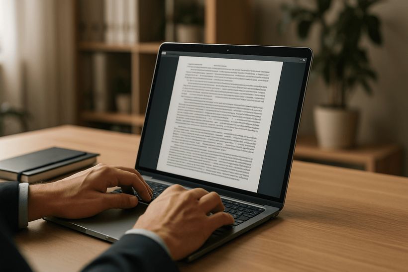 Person tippt auf Laptop mit geöffnetem PDF-Dokument, unscharfer Hintergrund mit Regal und Pflanzen, natürliches Licht.