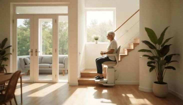 Ältere Person nutzt einen Treppenlift in einem hellen, modernen Zuhause mit Pflanzen und großen Fenstern.