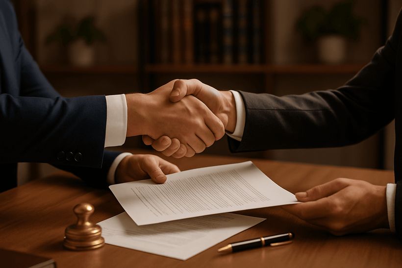 Zwei Geschäftsleute geben sich am Schreibtisch die Hand, während ein Dokument übergeben wird.