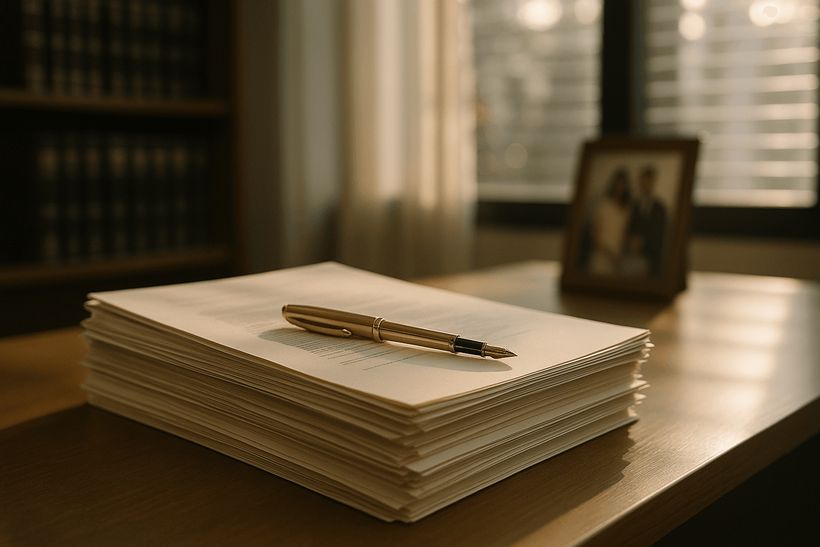Moderner Schreibtisch mit goldenem Füller auf juristischen Dokumenten, Sonnenlicht und unscharfem Familienfoto im Hintergrund.