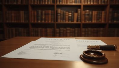 Dokumente, Siegel und Stempel auf einem Schreibtisch vor einem Bücherregal in einer juristischen Umgebung.