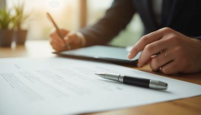 Person unterschreibt digital auf Tablet, während ein Dokument mit Kugelschreiber auf dem Tisch liegt.