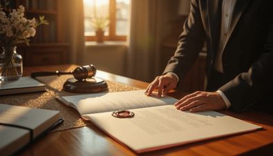 Notar prüft offizielle Dokumente mit Siegel an Holzschreibtisch, Richterhammer und Blumen in sonnendurchflutetem Büro