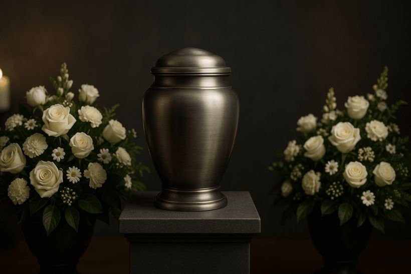 Elegante Urne mit liebevollem Blumenschmuck als Symbol für die Urnenbestattung