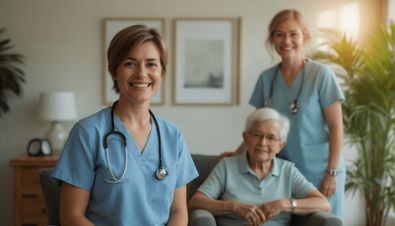 Pflegekräfte in blauer Arbeitskleidung betreuen eine ältere Person in einem gemütlichen Wohnraum.