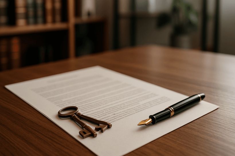 Nahaufnahme eines juristischen Dokuments mit Füllfederhalter und Schlüsseln auf Holztisch, im Hintergrund Bücherregal.