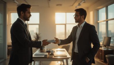 Zwei Männer in Business-Anzügen übergeben Dokumente in einem modernen Büro bei Sonnenuntergang.