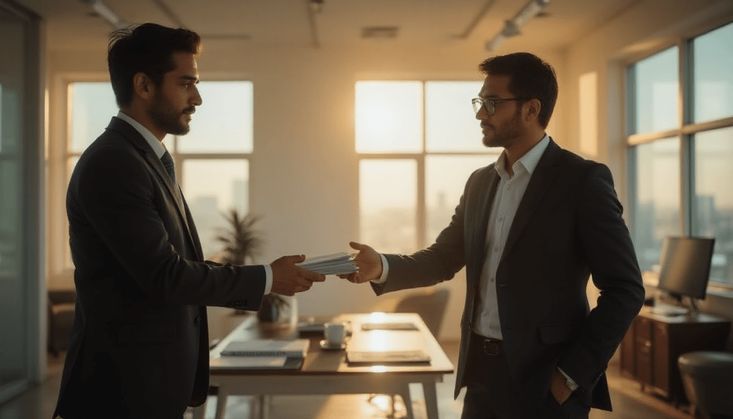 Zwei Männer in Business-Anzügen übergeben Dokumente in einem modernen Büro bei Sonnenuntergang.