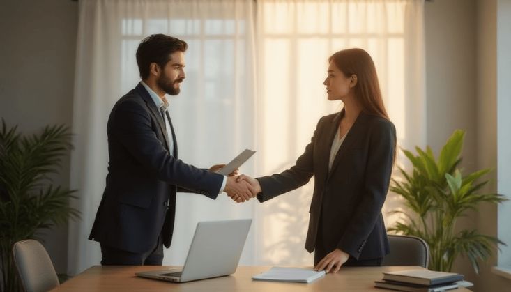 Zwei Personen in Business-Kleidung geben sich die Hand in einem Büro, Dokumente und Laptop auf dem Tisch.
