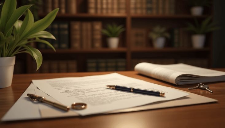 Schreibtisch mit Dokumenten, Füllfederhalter, Schlüssel und Pflanzen im Vordergrund; Bücherregale im Hintergrund.