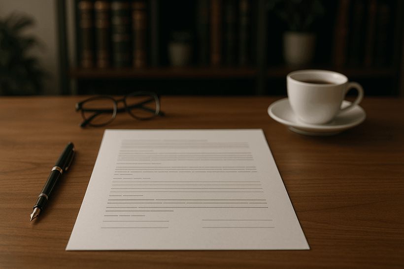 Ordentliches juristisches Dokument auf Holztisch mit Füller, Brille, Kaffeetasse und Bücherregal im Hintergrund.