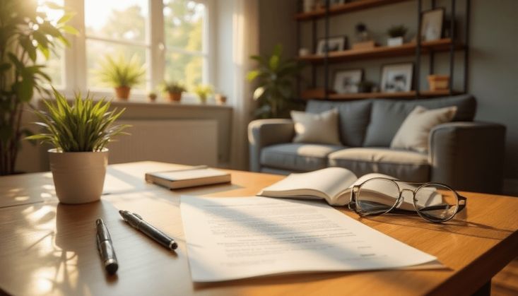 Gemütliches Wohnzimmer mit Holztisch, Dokumenten, Brille, Stift und Zimmerpflanzen im Sonnenlicht.