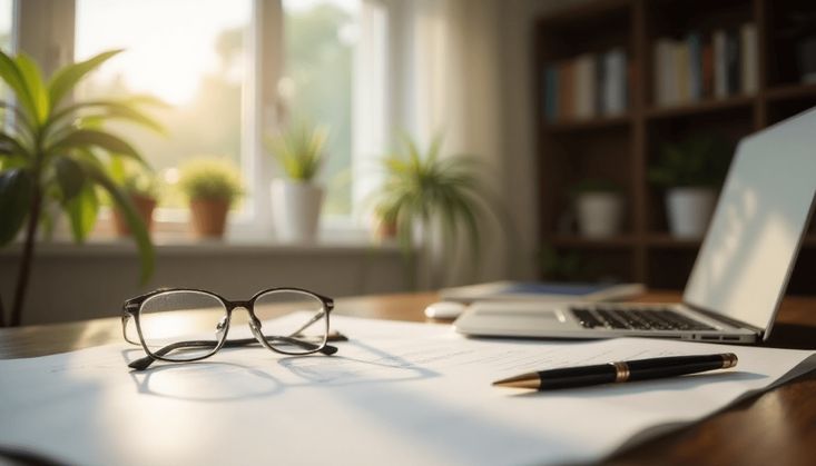 Schreibtisch mit Brille, Dokumenten, Stift und Laptop, umgeben von Zimmerpflanzen in heller Umgebung.