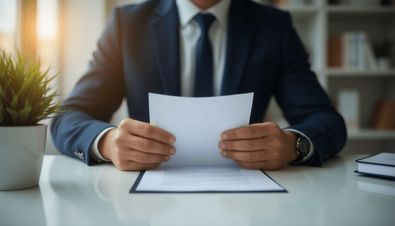 Ein Mann im Anzug hält ein Dokument in den Händen, sitzend an einem Schreibtisch mit einer Pflanze und Büchern