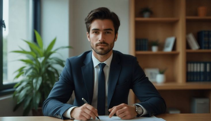 Ein Mann in Business-Kleidung sitzt an einem Schreibtisch, im Hintergrund Bücherregale und eine Zimmerpflanze.