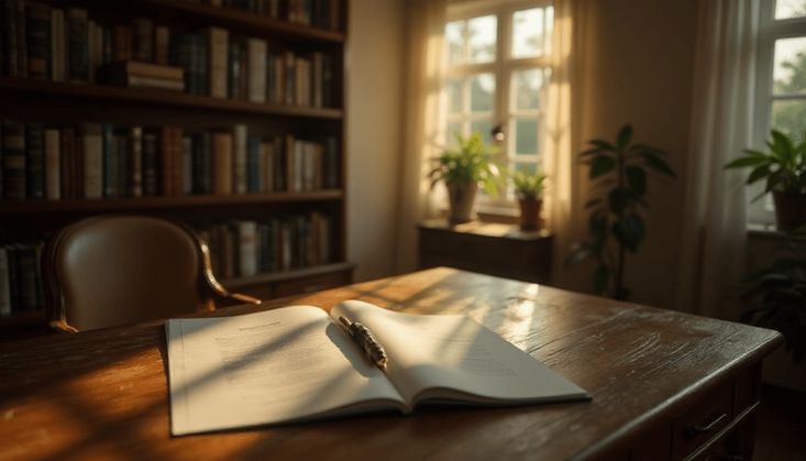 Gemütlicher Leseraum mit Holzschreibtisch, offenem Buch, Feder und Bücherregal im Sonnenlicht.