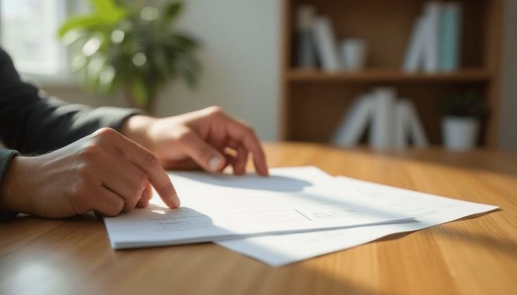 Person überprüft Dokumente auf einem Holztisch, im Hintergrund ein Bücherregal und eine Zimmerpflanze.