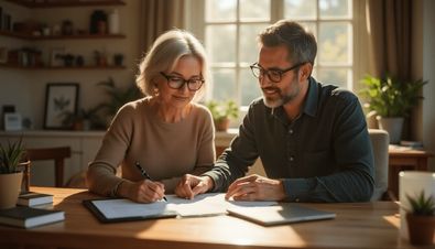 Zwei Personen sitzen am Tisch und füllen gemeinsam Vorsorgevollmacht-Dokumente in einer warmen,  sonnendurchfluteten Wohnumgebung aus