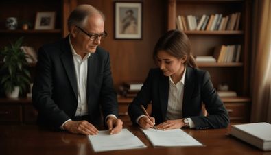 Zwei Personen in formeller Kleidung unterzeichnen Dokumente in einem Büro mit Bücherregalen im Hintergrund.
