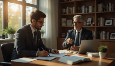 Zwei Männer in Anzügen bei einem Beratungsgespräch in einem Büro mit Laptop, Dokumenten und Bücherregalen.
