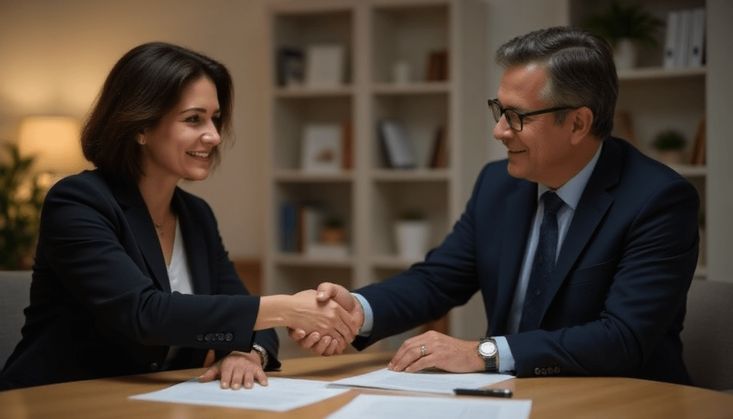 Zwei Personen in Business-Kleidung geben sich die Hand über einem Tisch mit Dokumenten in einem Büro.