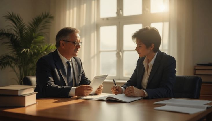 Zwei Personen in Business-Kleidung besprechen Dokumente an einem Schreibtisch in einem sonnendurchfluteten Büro.