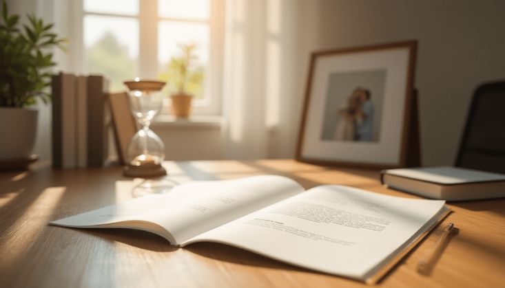 Offenes Buch auf einem sonnigen Schreibtisch, umgeben von Pflanzen, Sanduhr und eingerahmtem Foto.