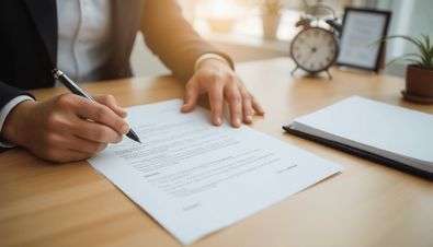 Person unterschreibt ein Dokument an einem Schreibtisch mit Uhr, Pflanzen und Unterlagen im Hintergrund.