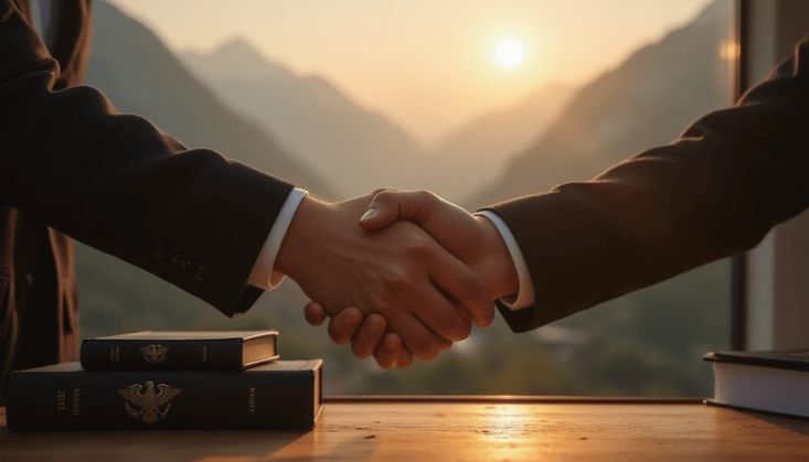Zwei Personen im Anzug geben sich die Hand, mit Gesetzesbüchern auf einem Tisch und Sonnenuntergang im Hintergrund.