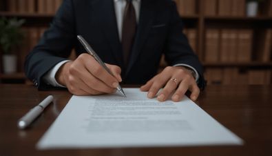 Person im Anzug unterschreibt ein rechtliches Dokument, vermutlich eine Vorsorgevollmacht, an einem Holzschreibtisch.