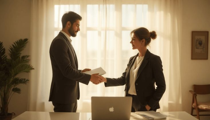 Zwei Personen in Business-Kleidung geben sich die Hand in einem Büro mit Laptop und Dokumenten auf einem Tisch.