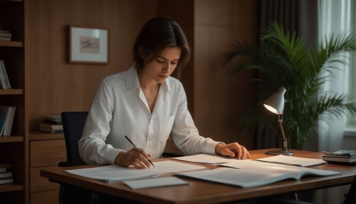Frau in weißer Bluse arbeitet konzentriert an Dokumenten auf einem Schreibtisch mit Lampe in einem Büro.