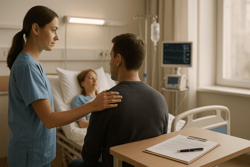 Pflegekraft tröstet Angehörigen am Krankenbett in hellem Raum mit medizinischer Ausrüstung und Dokumenten.