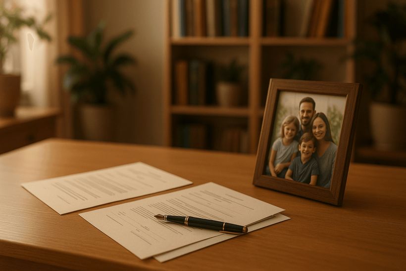 Ordentliches Homeoffice mit Dokumenten, Füller und Familienfoto auf dem Schreibtisch, warmes Licht, Bücherregal im Hintergrund.