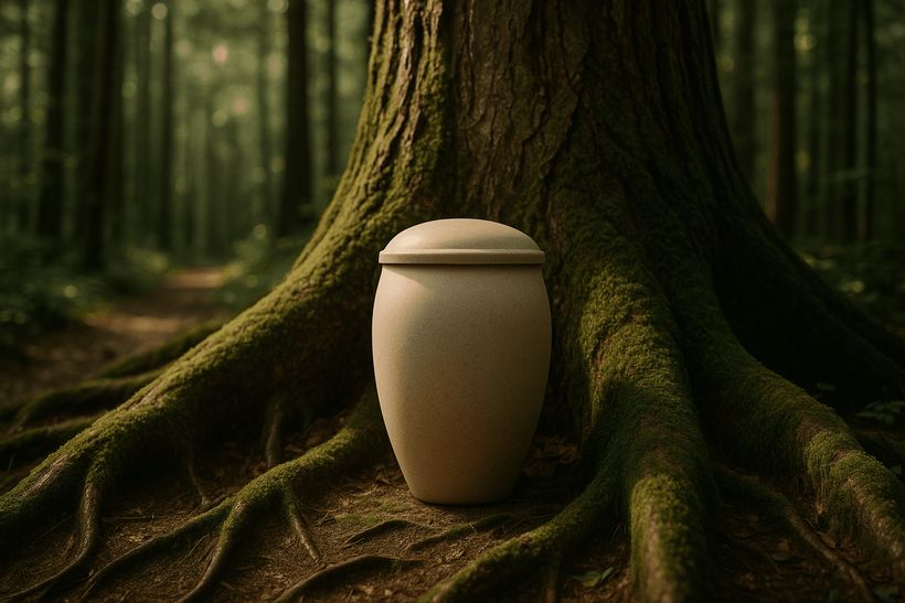 Biologisch abbaubare Urne an den moosbedeckten Wurzeln eines alten Baums in einem sonnendurchfluteten Wald.