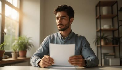 Mann in einem hellen Raum sitzt an einem Tisch und hält ein Blatt Papier, im Hintergrund Pflanzen und Regale.