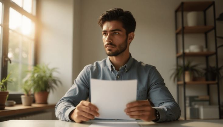 Mann in einem hellen Raum sitzt an einem Tisch und hält ein Blatt Papier, im Hintergrund Pflanzen und Regale.
