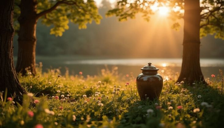 Keramikurne in einer friedlichen Waldlandschaft am See, umgeben von Blumen und Sonnenlicht durch die Bäume.