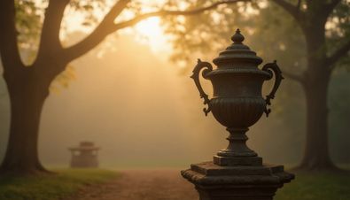 Elegante antike Urne auf Steinsockel, umgeben von Morgennebel und goldenem Sonnenlicht in parkähnlicher Umgebung