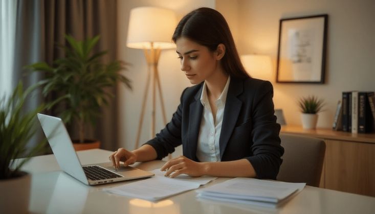 Frau in Business-Kleidung arbeitet konzentriert an einem Laptop in einem modern eingerichteten Büro mit Pflanzen.